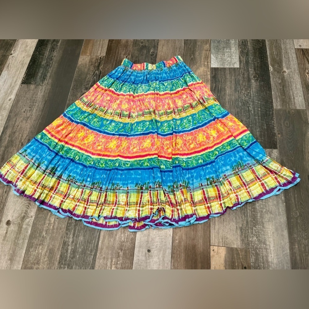 Vintage Phool Rainbow Broomstick Crinkle Maxi Skirt Flowy Festival Hippie Sz med